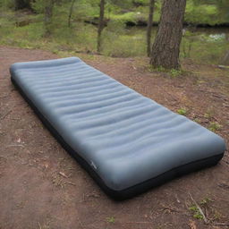 A grey and black foam sleeping pad for outdoor use, covered and designed to unfold into four parts, strategically placed in a serene campsite setting.