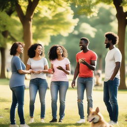 A group of diverse people having a friendly conversation in a park