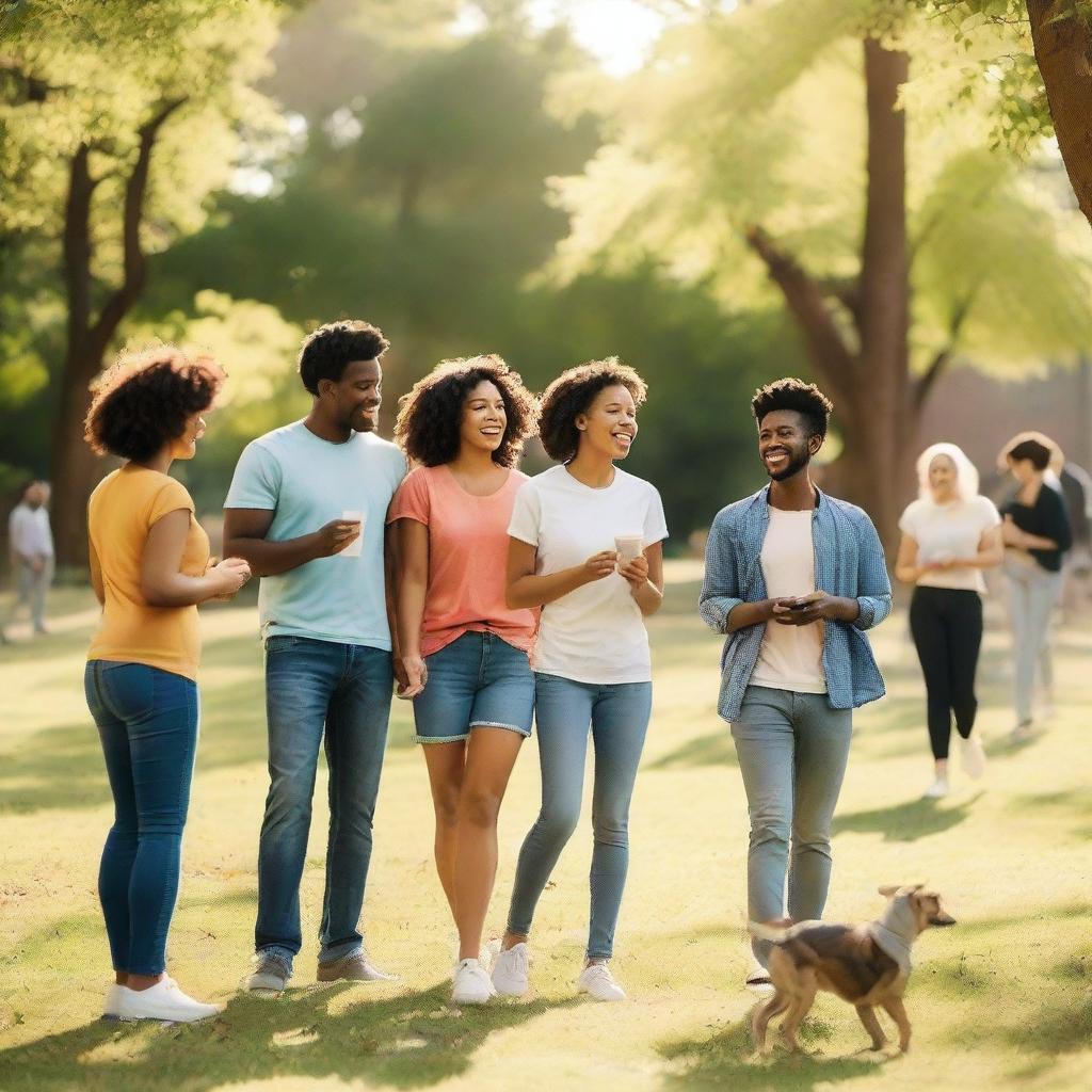 A group of diverse people having a friendly conversation in a park