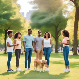 A group of diverse people having a friendly conversation in a park