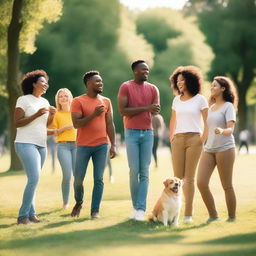 A group of diverse people having a friendly conversation in a park