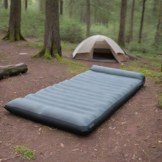 A grey and black foam sleeping pad for outdoor use, covered and designed to unfold into four parts, strategically placed in a serene campsite setting.