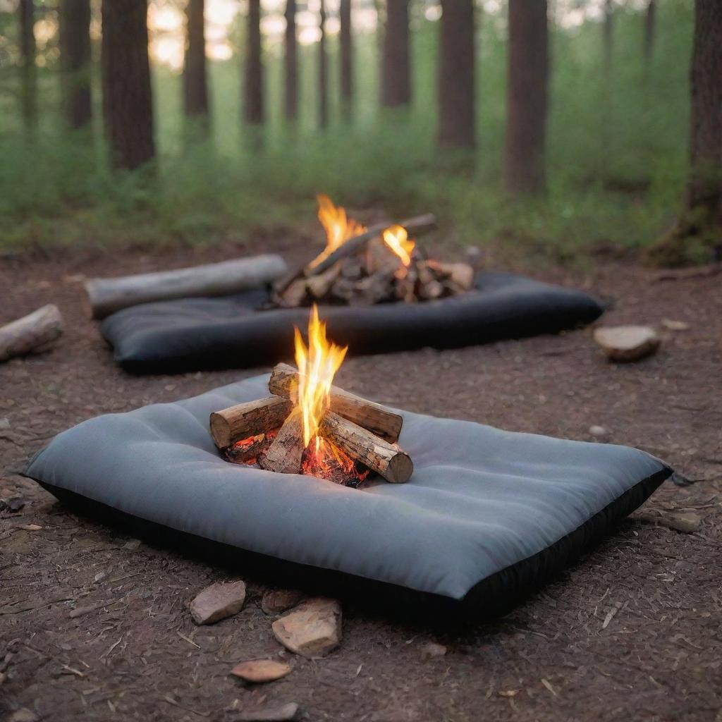 Add to the scene an inviting and cozy ambience, enhancing the appeal of the grey and black foam sleeping pad, as it sits under the warm glow of the campfire.