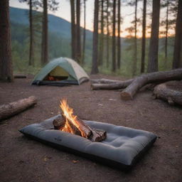 Add to the scene an inviting and cozy ambience, enhancing the appeal of the grey and black foam sleeping pad, as it sits under the warm glow of the campfire.