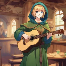 A detailed illustration of a 19-year-old human female bard with a blonde bob in a loose style with bangs and blue eyes