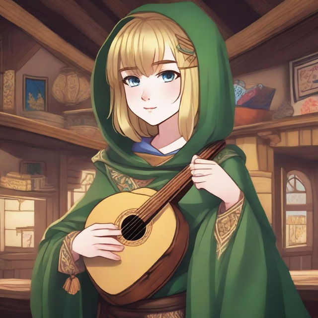 A detailed illustration of a 19-year-old human female bard with a blonde bob in a loose style with bangs and blue eyes