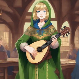 A detailed illustration of a 19-year-old human female bard with a blonde bob in a loose style with bangs and blue eyes