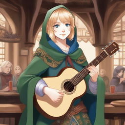 A detailed illustration of a 19-year-old human female bard with a blonde bob in a loose style with bangs and blue eyes