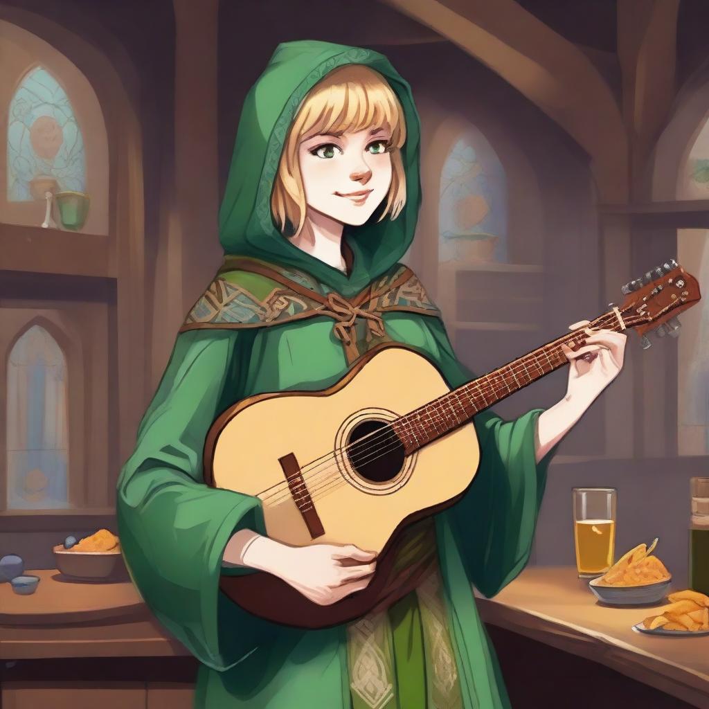 A detailed illustration of a 19-year-old human female bard with blonde bob loose style hair with bangs and big blue eyes, designed for a Dungeons & Dragons (D&D) setting