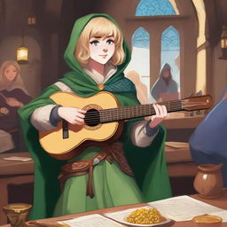 A detailed illustration of a 19-year-old human female bard with blonde bob loose style hair with bangs and big blue eyes, designed for a Dungeons & Dragons (D&D) setting