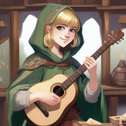 A detailed illustration of a 19-year-old human female bard with blonde bob loose style hair with bangs and big blue eyes, designed for a Dungeons & Dragons (D&D) setting