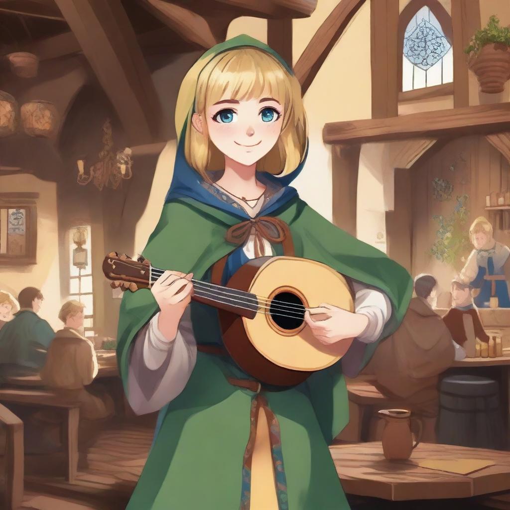 A detailed illustration of a 19-year-old human female bard with a blonde bob hairstyle, loose with bangs, and big blue eyes