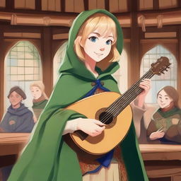 A detailed illustration of a 19-year-old human female bard with a blonde bob hairstyle, loose with bangs, and big blue eyes