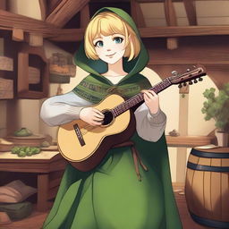 A detailed illustration of a 19-year-old human female bard with a blonde bob hairstyle, loose with bangs, and big blue eyes