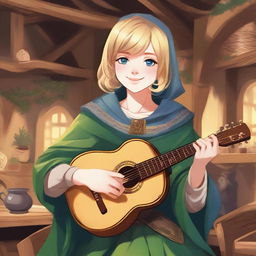 A detailed illustration of a 19-year-old human female bard with a blonde bob hairstyle, loose with bangs, and big blue eyes