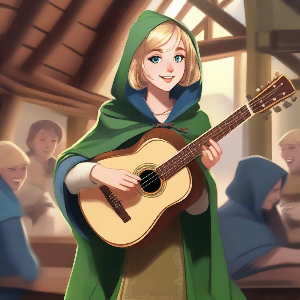 A realistic illustration of a 19-year-old human female bard with a blonde bob hairstyle, loose with bangs, and striking blue eyes