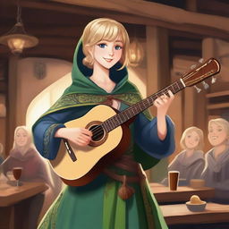 A realistic illustration of a 19-year-old human female bard with a blonde bob hairstyle, loose with bangs, and striking blue eyes