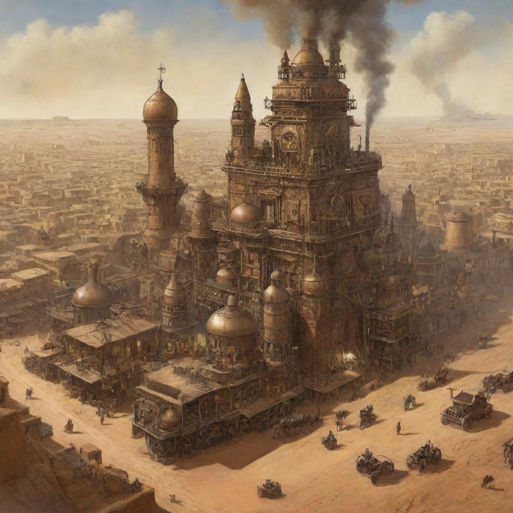 An imaginative depiction of Mali in a steampunk theme: envision the ancient city of Timbuktu overridden by antiquated machinery, large desert expanses populated with steam-powered nomads, and the Niger River nourishing the land with mechanical contrivances.