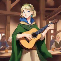 A realistic illustration of a 19-year-old human female bard with a blonde bob hairstyle, loose with bangs, and striking blue eyes