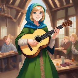 A realistic illustration of a 19-year-old human female bard with a blonde bob hairstyle, loose with bangs, and striking blue eyes