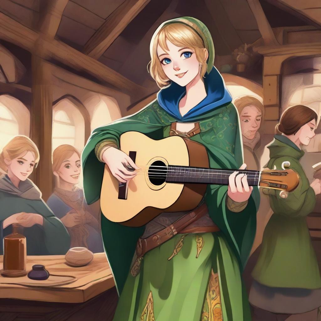 A realistic illustration of a 19-year-old human female bard with a blonde bob hairstyle, loose with bangs, and striking blue eyes