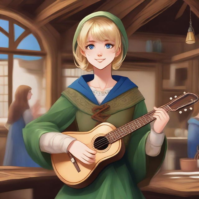 A realistic illustration of a 19-year-old human female bard with a blonde bob hairstyle, loose with bangs, and striking blue eyes