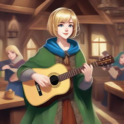 A realistic illustration of a 19-year-old human female bard with a blonde bob hairstyle, loose with bangs, and striking blue eyes