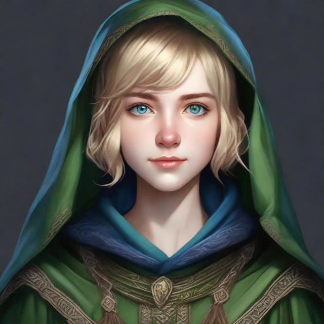 A realistic portrait of a 19-year-old human female bard with a blonde bob hairstyle, loose with bangs, and striking blue eyes