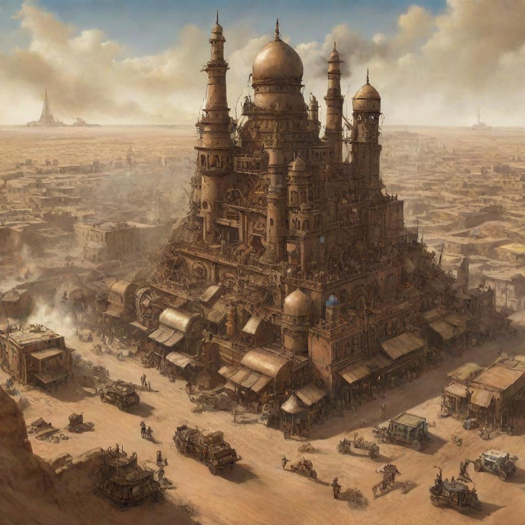 An imaginative depiction of Mali in a steampunk theme: envision the ancient city of Timbuktu overridden by antiquated machinery, large desert expanses populated with steam-powered nomads, and the Niger River nourishing the land with mechanical contrivances.