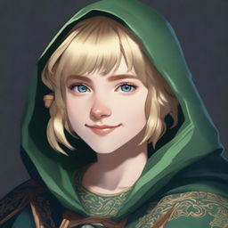 A realistic portrait of a 19-year-old human female bard with a blonde bob hairstyle, loose with bangs, and striking blue eyes