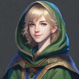 A realistic portrait of a 19-year-old human female bard with a blonde bob hairstyle, loose with bangs, and striking blue eyes