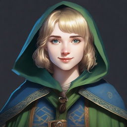 A realistic portrait of a 19-year-old human female bard with a blonde bob hairstyle, loose with bangs, and striking blue eyes