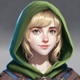 A realistic portrait of a 19-year-old human female bard with blonde bob loose style hair with bangs and big blue eyes