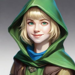 A realistic portrait of a 19-year-old human female bard with blonde bob loose style hair with bangs and big blue eyes