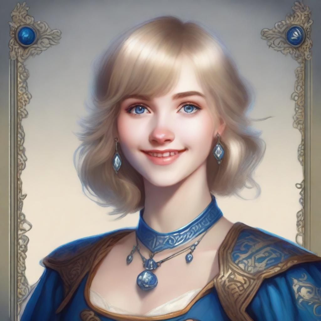 A realistic Dungeons & Dragons (D&D) style portrait of a 19-year-old human female bard with blonde bob loose style hair with bangs and big blue eyes