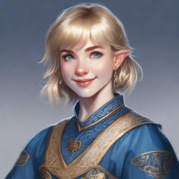 A realistic Dungeons & Dragons (D&D) style portrait of a 19-year-old human female bard with blonde bob loose style hair with bangs and big blue eyes