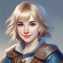 A realistic Dungeons & Dragons (D&D) style portrait of a 19-year-old human female bard with blonde bob loose style hair with bangs and big blue eyes