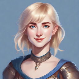 A realistic Dungeons & Dragons (D&D) style portrait of a 19-year-old human female bard with blonde bob loose style hair with bangs and big blue eyes