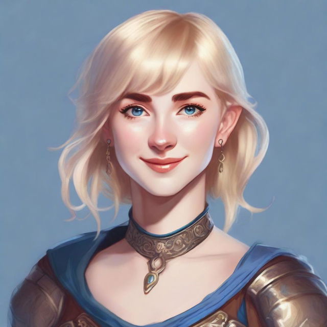 A realistic Dungeons & Dragons (D&D) style portrait of a 19-year-old human female bard with blonde bob loose style hair with bangs and big blue eyes