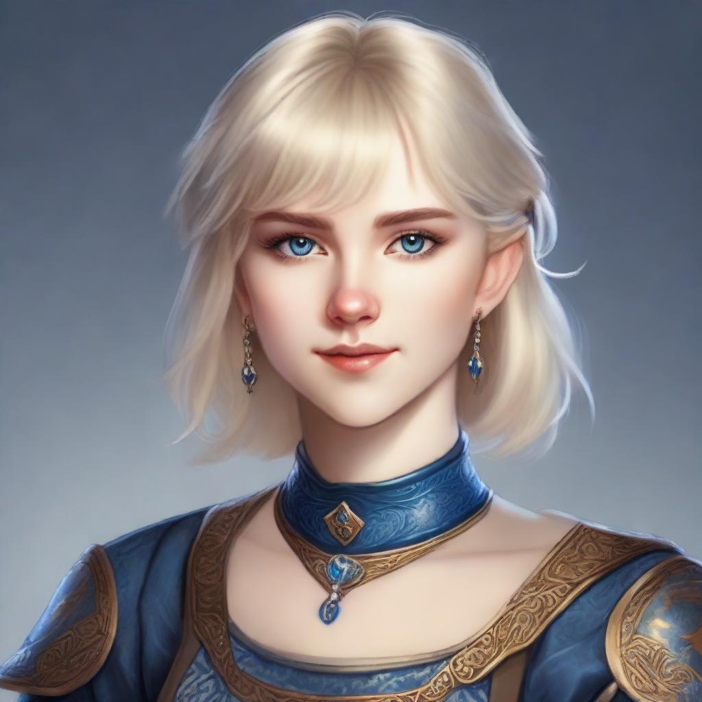 A realistic Dungeons & Dragons (D&D) style portrait of a 19-year-old human female bard with blonde bob loose style hair with bangs and blue eyes