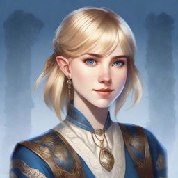 A realistic Dungeons & Dragons (D&D) style portrait of a 19-year-old human female bard with blonde bob loose style hair with bangs and blue eyes