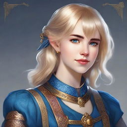 A realistic Dungeons & Dragons (D&D) style portrait of a 19-year-old human female bard with blonde bob loose style hair with bangs and blue eyes