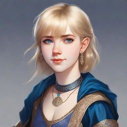 A realistic Dungeons & Dragons (D&D) style portrait of a 19-year-old human female bard with blonde bob loose style hair with bangs and blue eyes