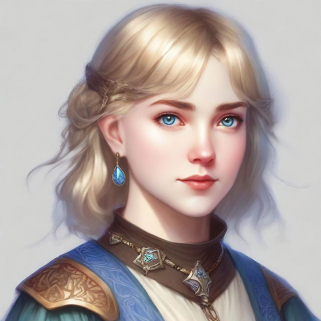 A realistic Dungeons & Dragons (D&D) style portrait of a 19-year-old human female bard with blonde bob loose style hair with bangs and blue eyes