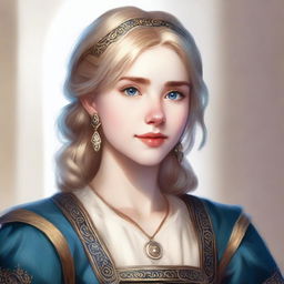 A realistic Dungeons & Dragons (D&D) style portrait of a 19-year-old human female bard with blonde bob loose style hair with bangs and blue eyes