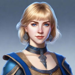 A realistic Dungeons & Dragons (D&D) style portrait of a 19-year-old human female bard with blonde bob loose style hair with bangs and blue eyes