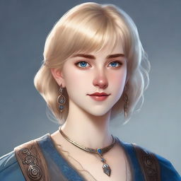 A realistic Dungeons & Dragons (D&D) style portrait of a 19-year-old human female bard with blonde bob loose style hair with bangs and blue eyes