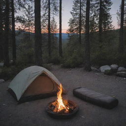 Position a glowing campfire next to the grey and black foam sleeping pad, deepening the allure of the camping scene and accentuating the coziness.