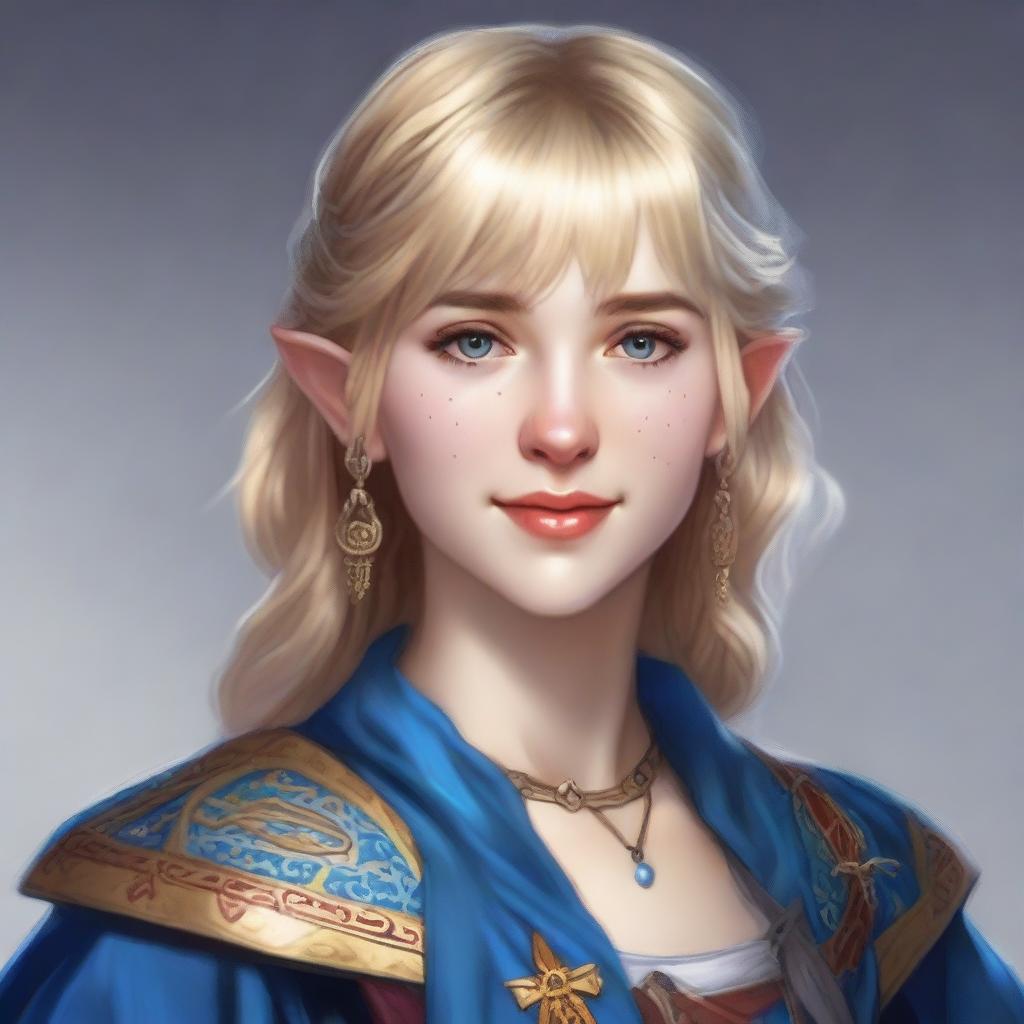 A realistic Dungeons & Dragons (D&D) style portrait of a 19-year-old human female bard with blonde bob loose style hair with bangs and blue eyes