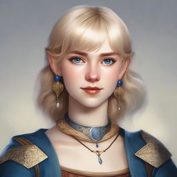 A realistic Dungeons & Dragons (D&D) style portrait of a 19-year-old human female bard with blonde bob loose style hair with bangs and blue eyes